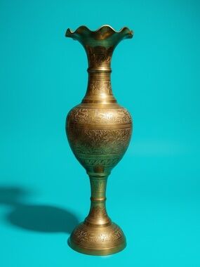 Vintage Heavy 20" Etched Brass Floor Vase Scalloped Ruffled Rim Boho Decor